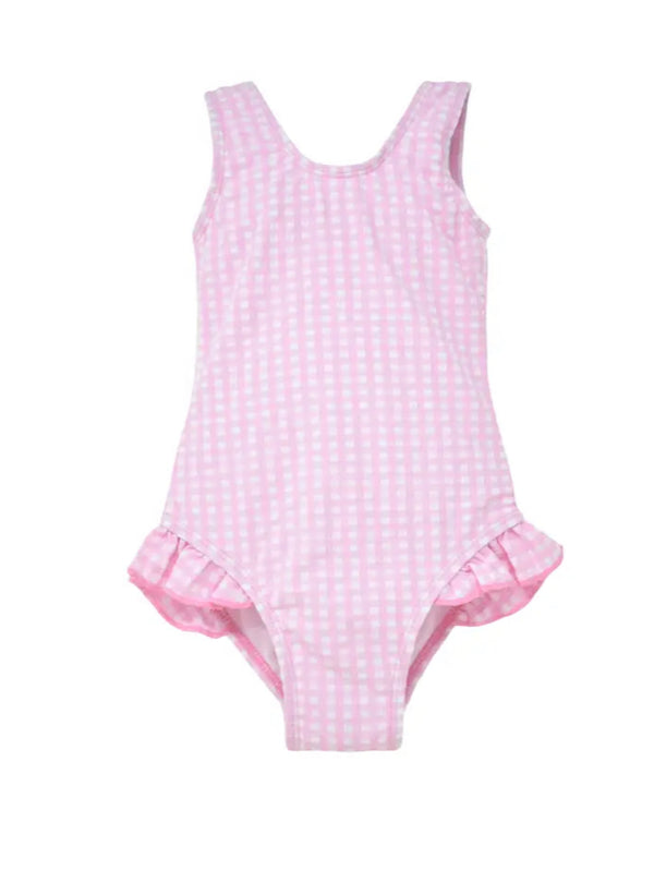 Pink Gingham Hip Ruffle Swimsuit UPF 50